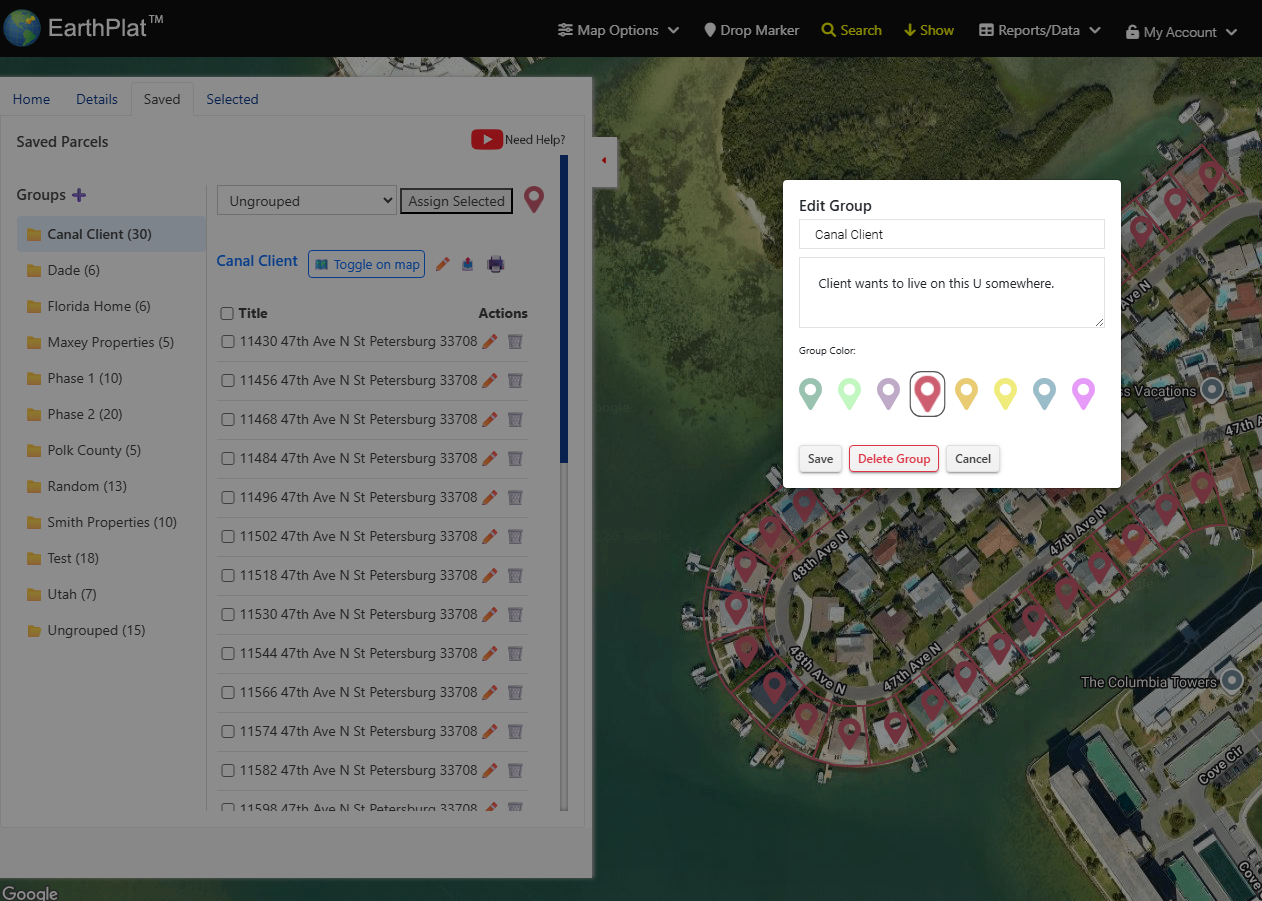 Edit group modal with color coding