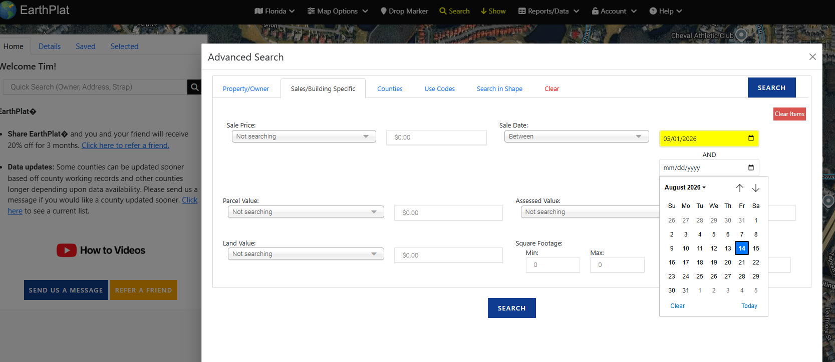 EarthPlat advanced search window