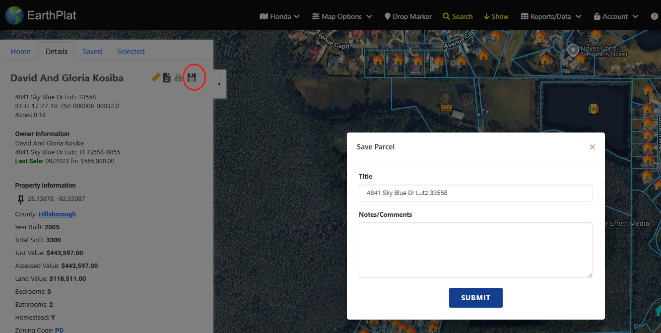 Saving a parcel in EarthPlat