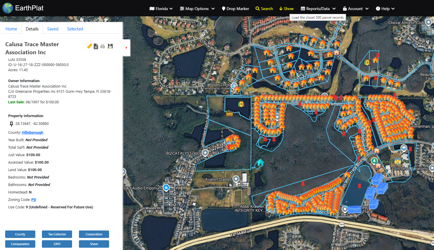 EarthPlat parcel lines, markers, and grid after clicking Show