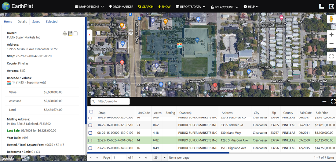 Search results grid. Scroll, select, save for exporting and other features.