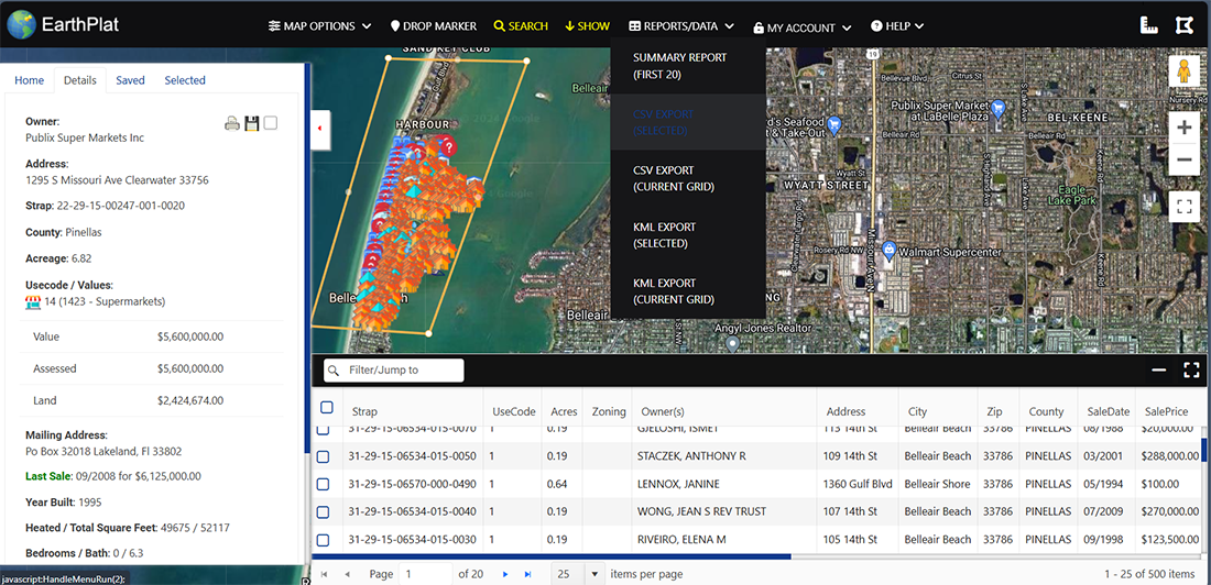 Export selected or saved parcels in CSV, entire grid or get a summary report.